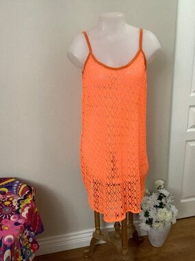 Fluorescent orange crochet coverup M/L 36-38 bust